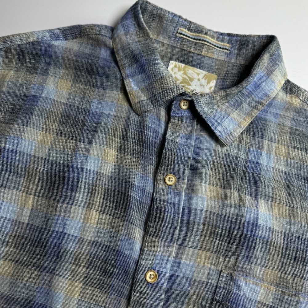 Tasso Elba Mens Plaid Linen Blend Short Sleeve Button Front Shirt Size Large
